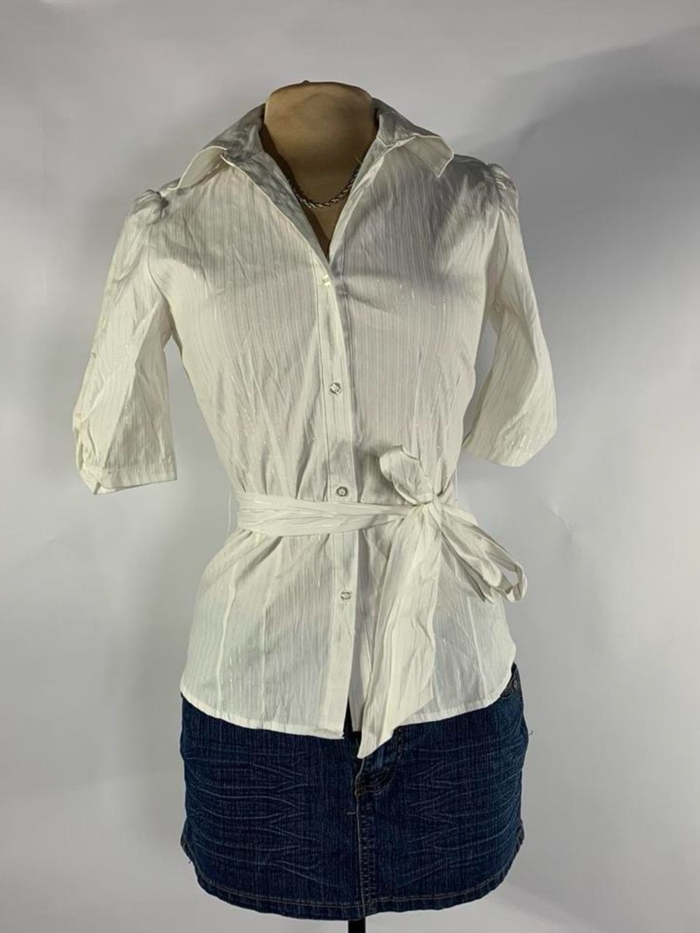 Vintage Cotton Express Metallic Pinstripe Puff Sleeve Tie Waist Top M